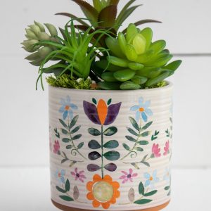 Hand-Painted Folk Flower Ceramic Planter – Unique Artisan Pot for Succulents & Cacti